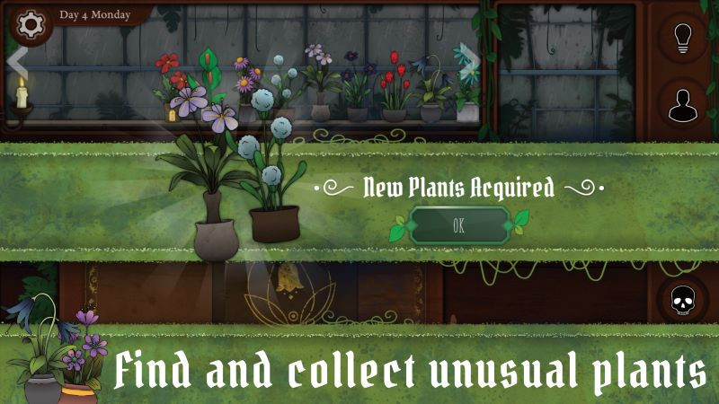 alt: Hình ảnh gameplay Strange Horticulture, cho thấy nhân vật chính đang tương tác với một nhân vật khác trong game để tìm kiếm thông tin về các loài thực vật.