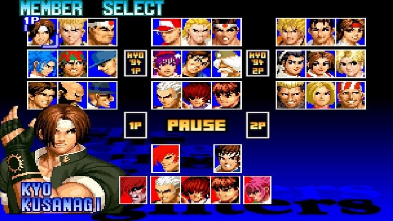 KOF '97 gameplay screenshot featuring Iori Yagami in combat