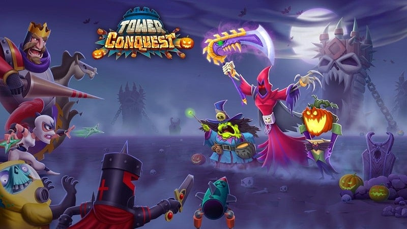 Tower Conquest MOD APK gameplay screenshot showing the battle interface and units.