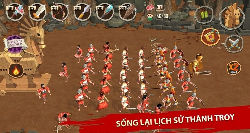 alt: Hình ảnh gameplay Trojan War: Sparta Warriors cho thấy cảnh quân đội Sparta chiến đấu với quân Troy