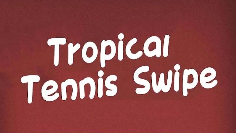 alt: Hình ảnh gameplay Tropical Tennis Swipe với giao diện tươi sáng, nhân vật đang thực hiện cú đánh