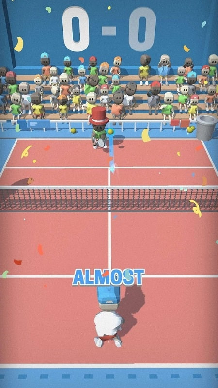 alt: Hình ảnh gameplay Tropical Tennis Swipe với góc nhìn từ trên xuống, cho thấy toàn cảnh sân đấu và vị trí của hai người chơi