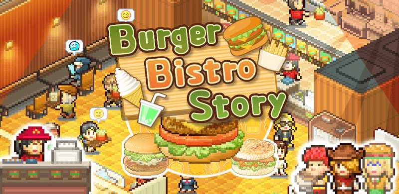 Alt: Hình ảnh giao diện game Burger Bistro Story trên điện thoại, hiển thị một quán burger nhỏ xinh với khách hàng đang xếp hàng.