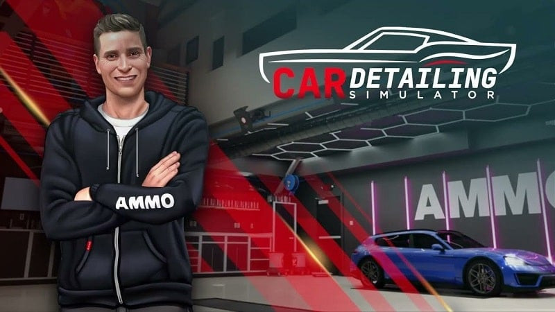 alt: Hình ảnh giao diện game Car Detailing Simulator 2023 với một chiếc xe đang được chăm sóc.