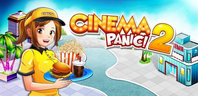 alt: Hình ảnh giao diện game Cinema Panic 2 với nhân vật đang phục vụ khách hàng