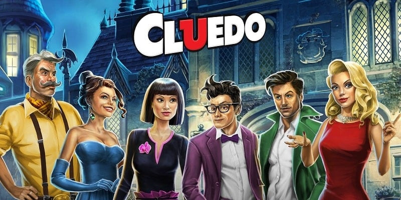 Alt: Hình ảnh giao diện game Cluedo với các nhân vật và bàn cờ