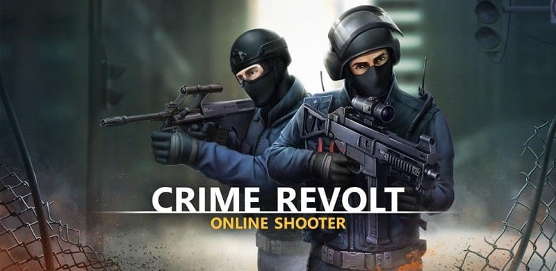 alt: Hình ảnh giao diện game Crime Revolt Online MOD APK với nhân vật chính trang bị vũ khí