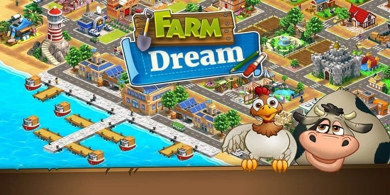 alt: Hình ảnh giao diện game Farm Dream với đồng cỏ xanh mướt, nông trại trù phú và thành phố nhộn nhịp.