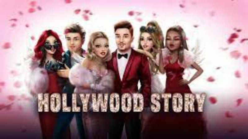 alt: Hình ảnh giao diện game Hollywood Story, hiển thị nhân vật chính với mái tóc đỏ nổi bật đang đứng trên thảm đỏ.