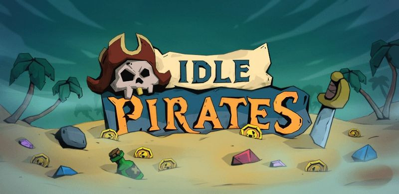 alt: Hình ảnh giao diện game Idle Pirates với một hòn đảo nhiệt đới, tàu thuyền và các hoạt động nhộn nhịp của cướp biển.