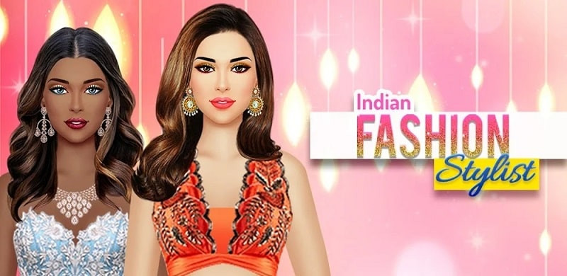 alt: Hình ảnh giao diện game Indian Fashion Dressup Stylist với một người mẫu mặc trang phục Ấn Độ truyền thống