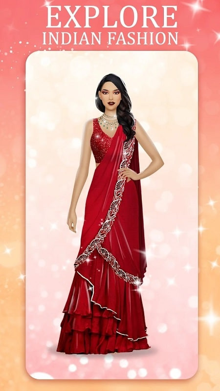 alt: Hình ảnh giao diện game Indian Fashion Dressup Stylist với tính năng mua sắm miễn phí