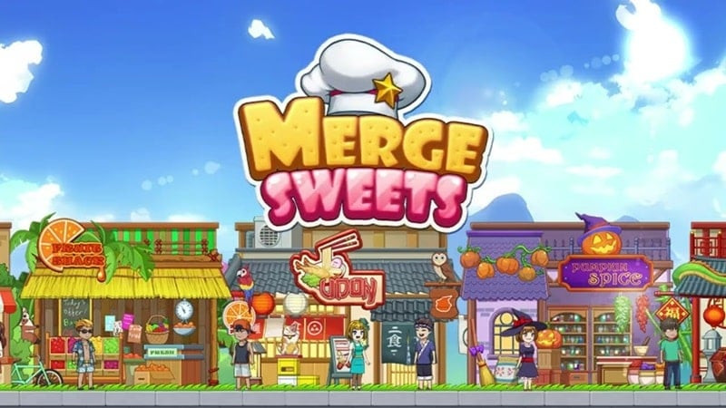 Alt: Hình ảnh giao diện game Merge Sweets với đồ họa tươi sáng, hiển thị các loại bánh kẹo và đồ uống hấp dẫn.