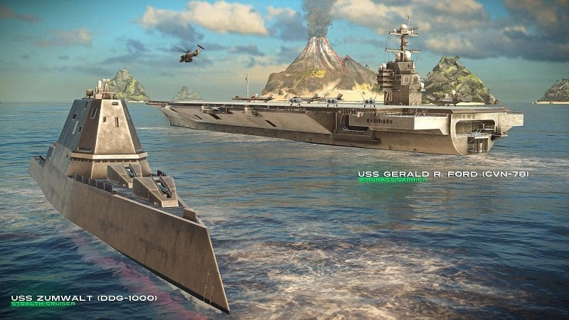 Modern Warships game interface showcasing weapons and submarines