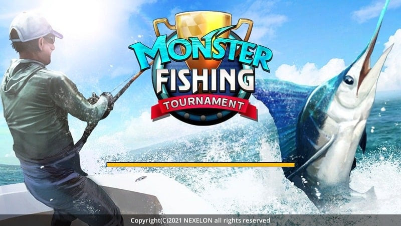 alt: Hình ảnh giao diện game Monster Fishing: Tournament với hình ảnh một con cá lớn đang được câu