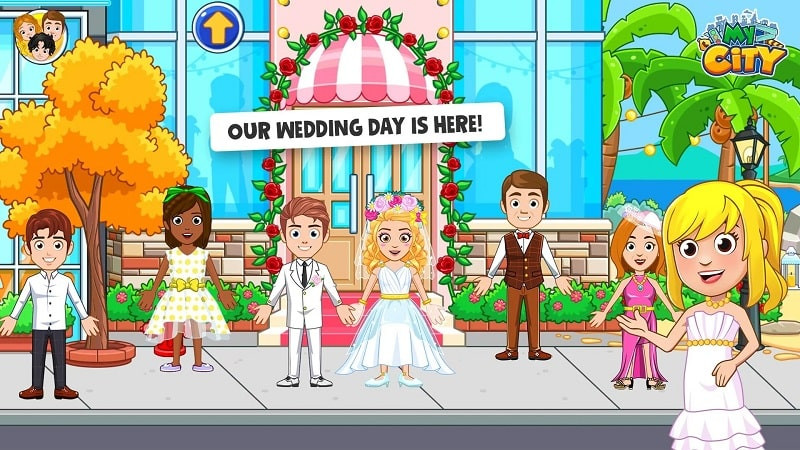 alt: Hình ảnh giao diện game My City: Wedding Party với các nhân vật đang chuẩn bị cho đám cưới