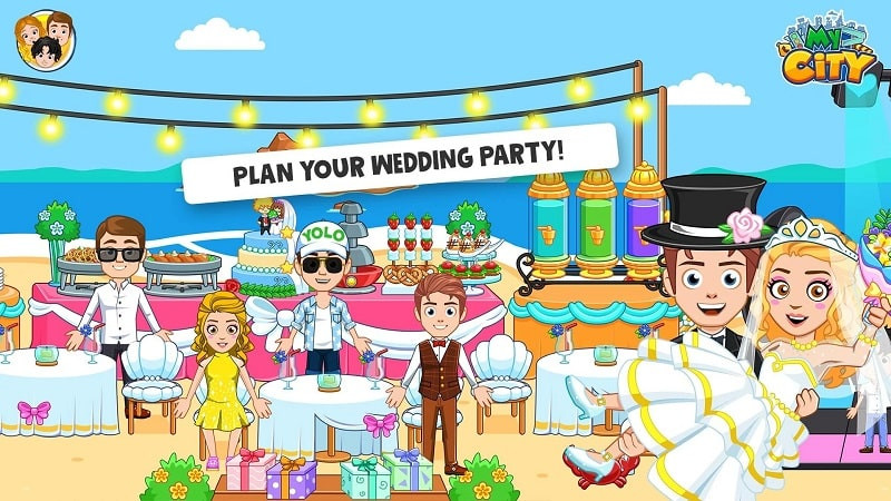 alt: Hình ảnh giao diện game My City: Wedding Party với các nhân vật đang mua sắm trong trung tâm thương mại