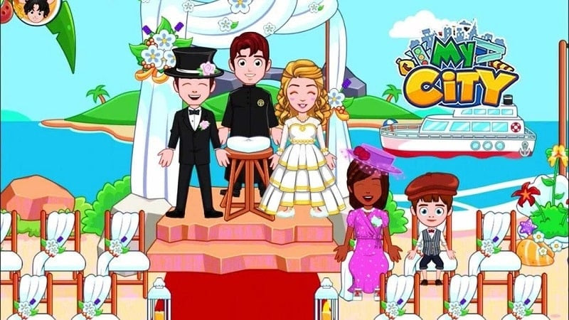 alt: Hình ảnh giao diện game My City: Wedding Party với cô dâu chú rể đang đứng trên lễ đường