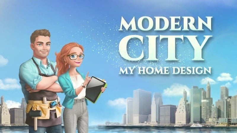 alt: Hình ảnh giao diện game My Home Design – Modern City với đồ họa 3D sống động, hiển thị một căn phòng khách hiện đại được bài trí tinh tế.