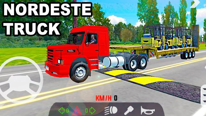 alt: Hình ảnh giao diện game Nordeste Truck với hình ảnh xe tải và phong cảnh Brazil