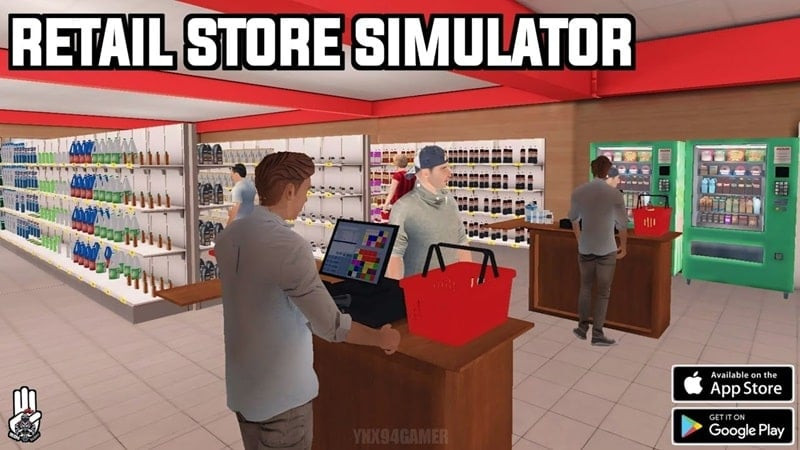 alt: Hình ảnh giao diện game Retail Store Simulator hiển thị quầy thu ngân và các kệ hàng hóa đa dạng