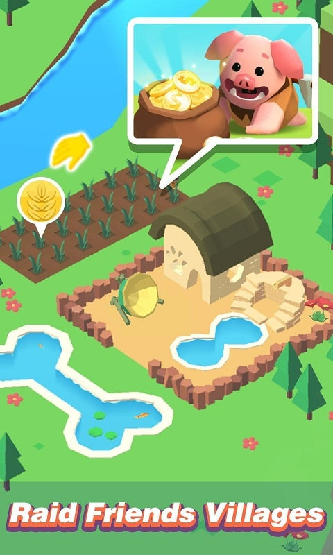 alt: Hình ảnh hòn đảo Idle Island trong game với các công trình và động vật đáng yêu