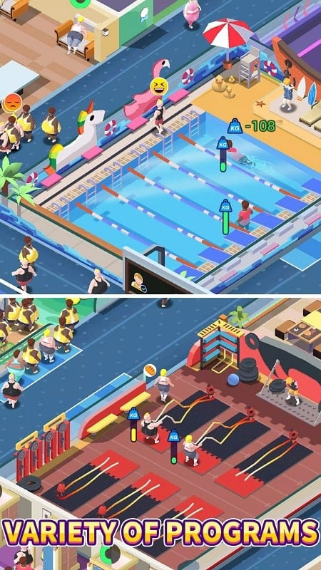 alt: Hình ảnh huấn luyện viên trong game Fitness Club Tycoon đang hướng dẫn khách hàng tập luyện