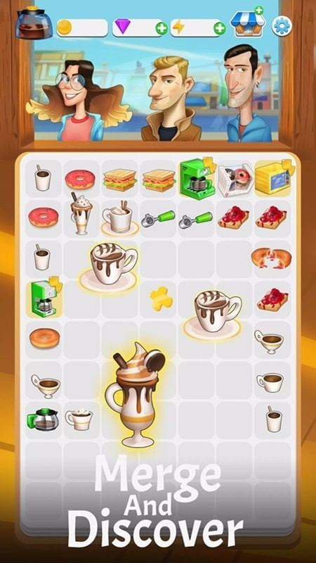 Merge Barista gameplay screenshot showing drinks and food items