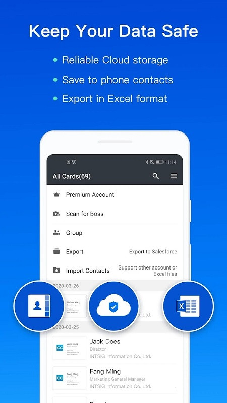 Alt: Illustration of contact storage and management within the CamCard app.