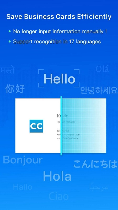 Alt: Illustration of CamCard's business card scanning and translation feature.