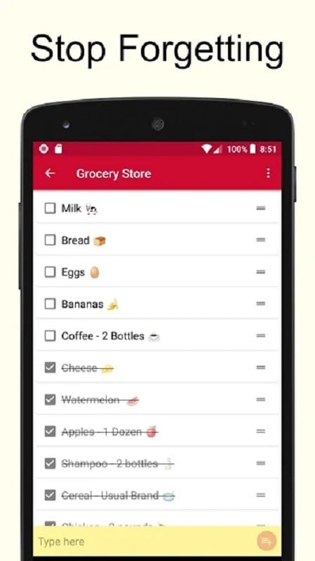 A screenshot of a grocery list in the Shopping List app