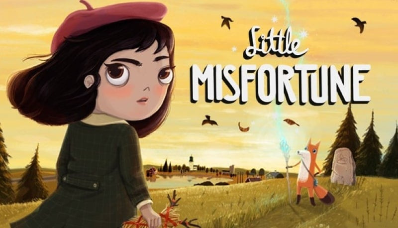 alt: Hình ảnh minh họa game Little Misfortune với cô bé Misfortune đang đứng trong rừng