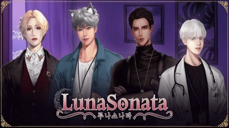 alt: Hình ảnh minh họa game LUNA SONATA, một nữ thợ săn xinh đẹp đứng giữa bốn chàng ma cà rồng điển trai