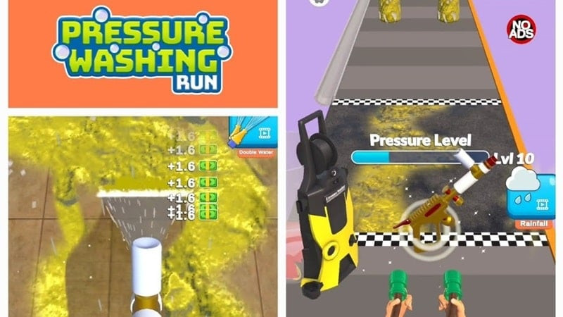 alt: Hình ảnh minh họa game Pressure Washing Run với nhân vật đang sử dụng máy xịt rửa