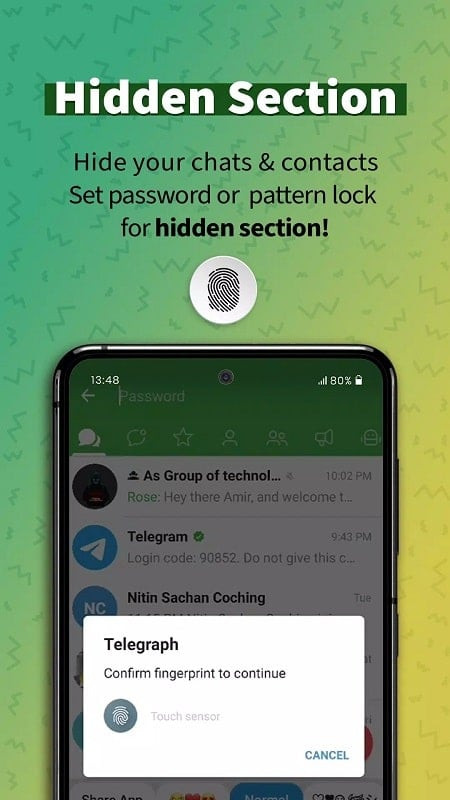 Hiding chats with password or pattern in Graph Messenger MOD APK.