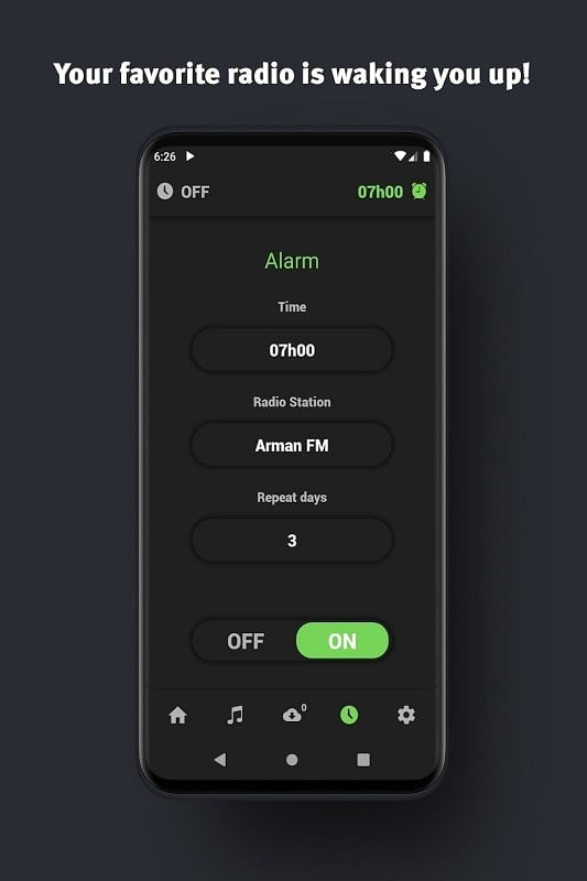 Setting a radio alarm on the World Radio FM Online app