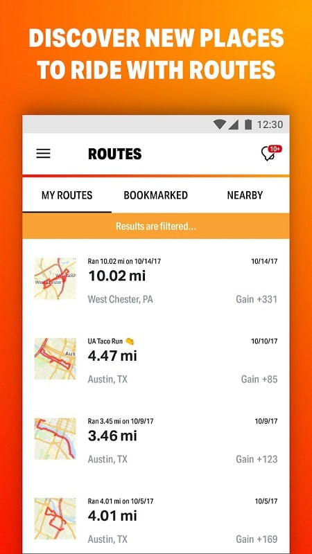 Map My Ride app showcasing the new route discovery feature, displaying a map with suggested routes.