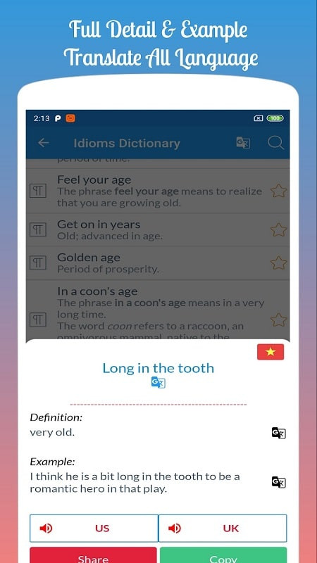 English Idioms & Phrases app on a phone, displaying the search interface.