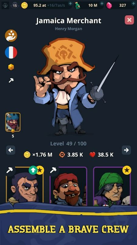 alt: Hình ảnh một trận chiến trên biển trong game Idle Pirates, với các tàu chiến đang giao tranh.