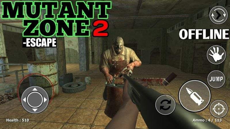 alt: Hình ảnh Mutant Zone 2 Escape, nhân vật chính đang cầm súng giữa khung cảnh đổ nát.