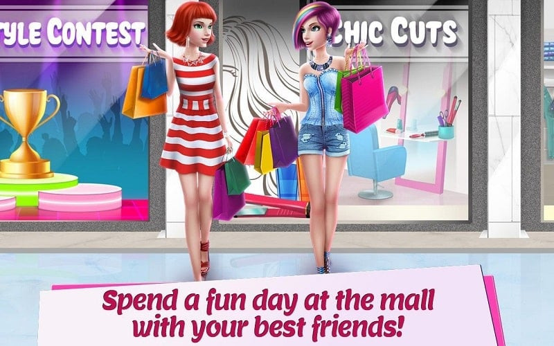 alt: Hình ảnh nhân vật trong game Shopping Mall Girl đang làm tóc và trang điểm tại salon