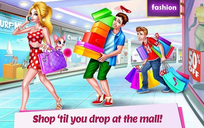 alt: Hình ảnh nhân vật trong game Shopping Mall Girl đang tham gia cuộc thi thời trang trên sàn catwalk