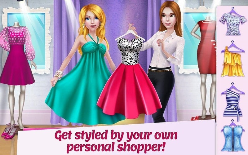 alt: Hình ảnh nhân vật trong game Shopping Mall Girl với nhiều trang phục và phụ kiện thời trang đa dạng