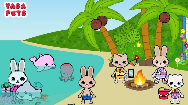 alt: Hình ảnh nhân vật trong game Yasa Pets Island đang tương tác với các động vật khác