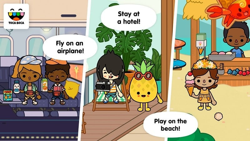 alt: Characters in Toca Life: Vacation having fun on the beach.