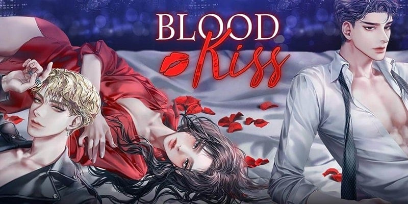 alt: Hình ảnh quảng cáo game Blood Kiss với nhân vật nữ chính và bốn chàng ma cà rồng