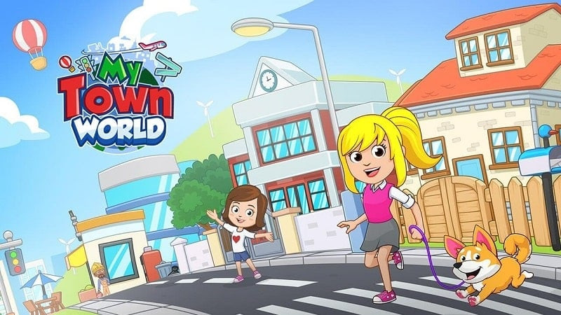 alt: Hình ảnh quảng cáo game My Town World – Mega Doll City, hiển thị giao diện thành phố sôi động với nhiều tòa nhà và nhân vật.