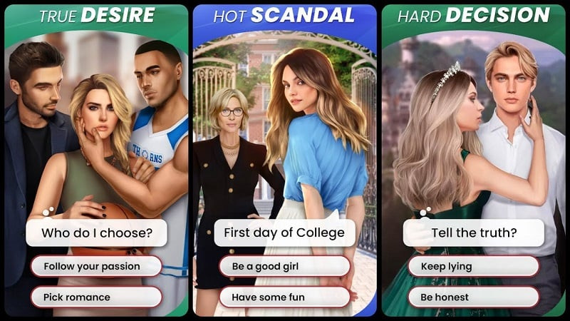 alt: Hình ảnh quảng cáo game Scandal: Interactive Stories với đồ họa bắt mắt, thể hiện nhân vật nữ chính đang đứng trước những lựa chọn quan trọng.