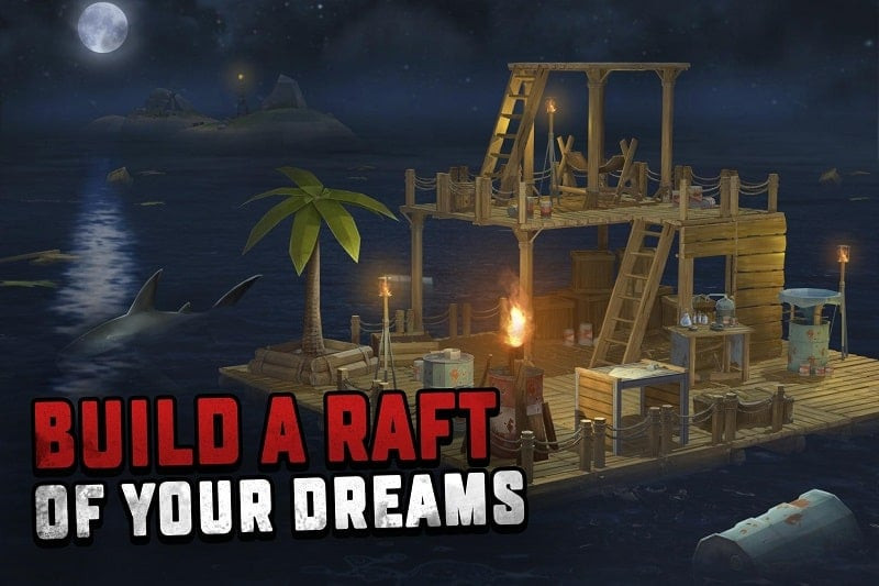 alt: Hình ảnh Raft Survival: Ocean Nomad mod download với cảnh hoàng hôn trên biển.