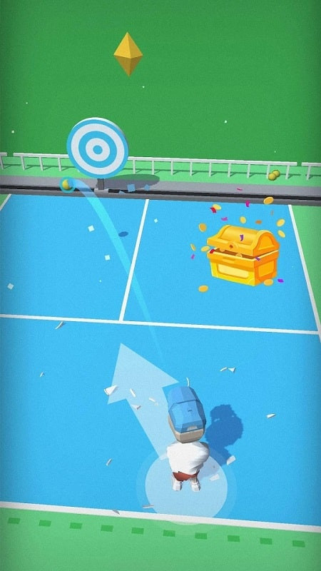 A tennis match in Tropical Tennis Swipe, with a player hitting the ball towards their opponent.